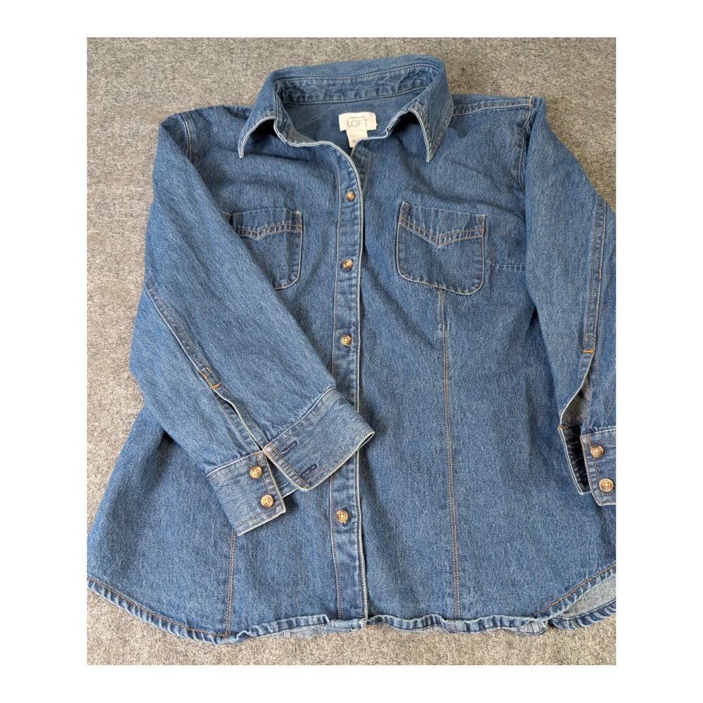 Ann Taylor LOFT Denim Shirt Womens Large Blue Cotton Long Sleeve Button Down Top